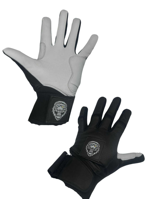 Premium white gloves with leather front, neoprene cuff, and enhanced durability for sports performance