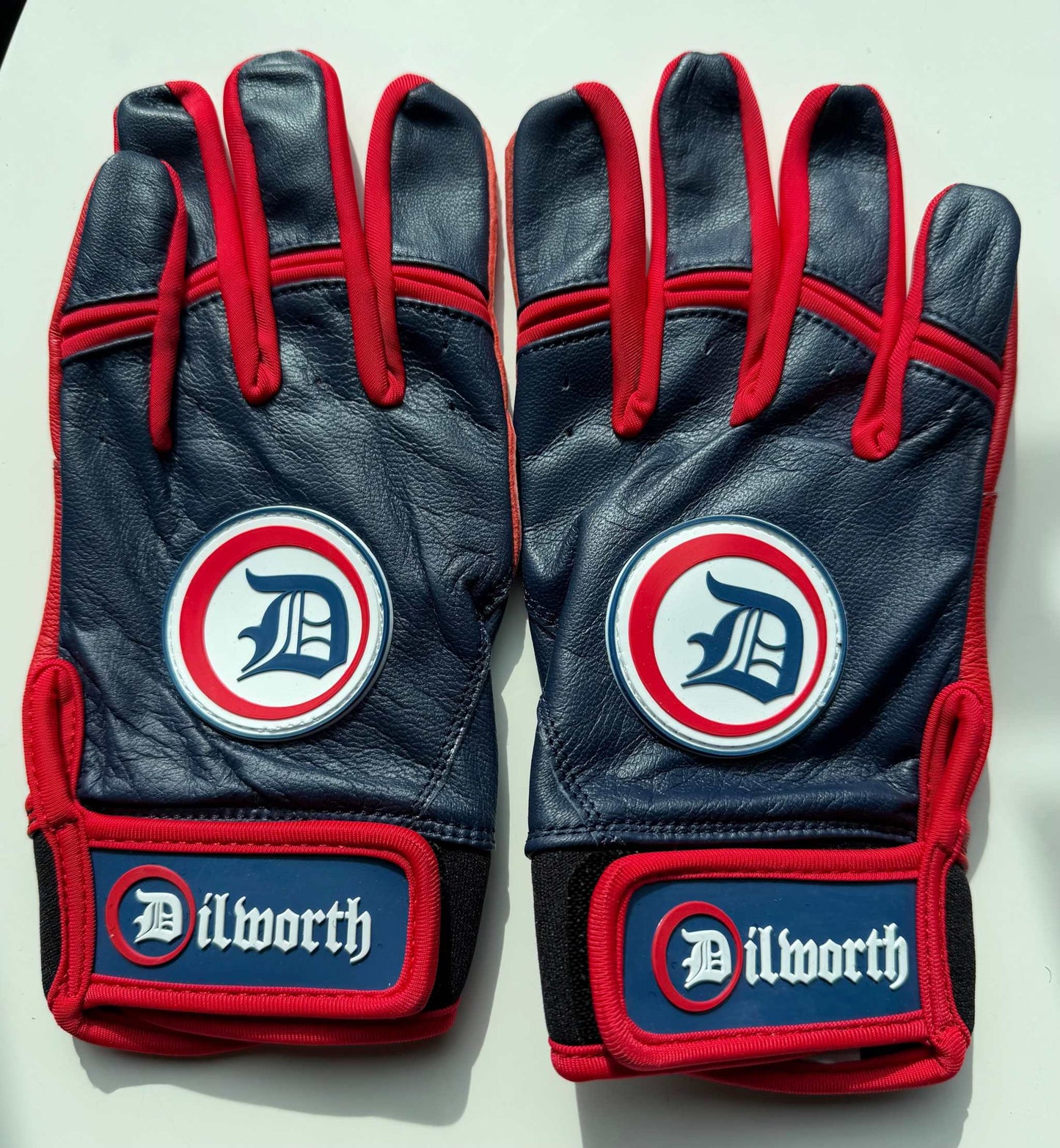 Dilworth Elite Batting Gloves with leather front, breathable lycra back, neoprene cuff, and shock-absorbent stitching for durability and comfort