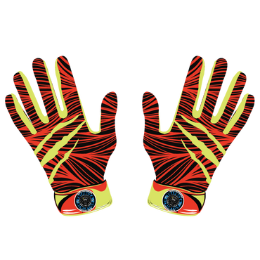 colorful athletic gloves with red, black, and yellow design for sports performance