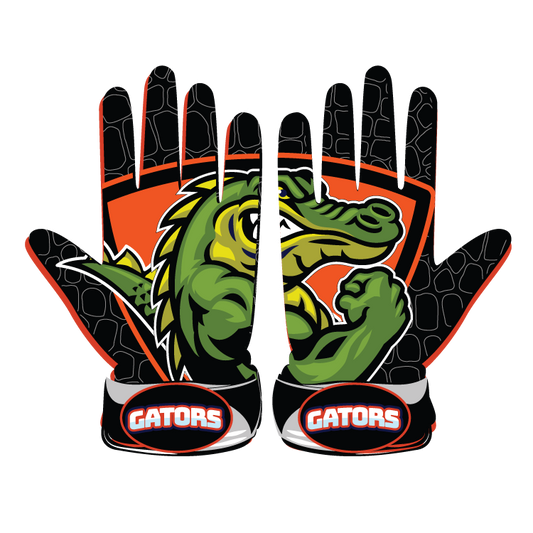 Gator Pond 1.0 Glove with alligator design, leather front, lycra back, neoprene cuff, and shock-absorbent stitching for durable, flexible batting gloves.