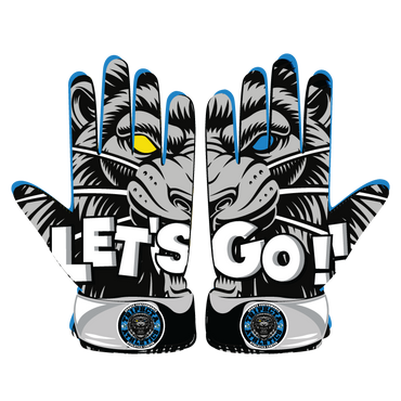 Custom Prints lion design batting gloves with leather front, neoprene cuff, and shock-absorbent stitching for durability and performance.