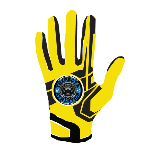 Autobox Batting Glove yellow and black with Trifecta Athletics logo, leather front, Lycra back, neoprene cuff, and shock-absorbent stitching