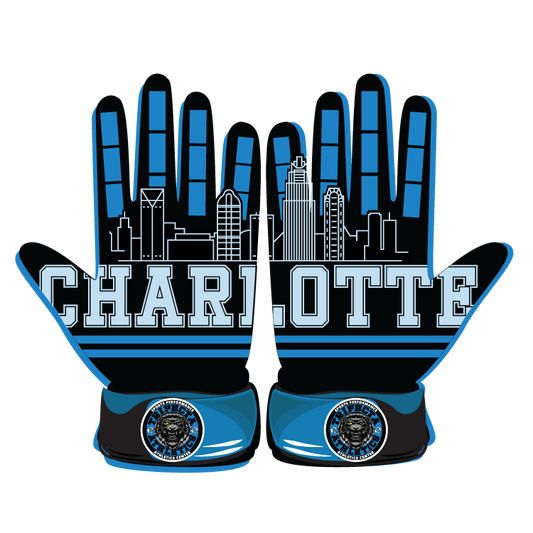 Charlotte skyline baseball glove with blue, black design and custom Trifecta Athletics logo