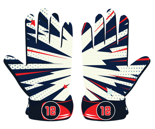 custom softball gloves with red, white, and blue starburst design and number 12 on wrist straps