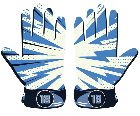 Pair of blue batting gloves with dynamic white and darker blue starburst design and number 12 on neoprene cuffs