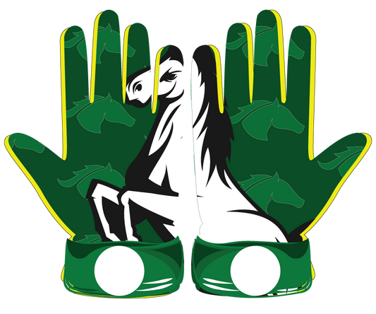 Green Glove durable batting gloves with custom horse print, leather front, breathable spandex back, neoprene cuff, and shock-absorbent stitching