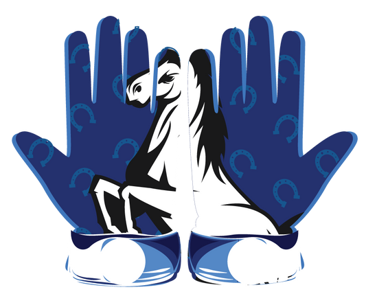 Customizable blue golf gloves for men with white horse design, durable leather front and flexible lycra back