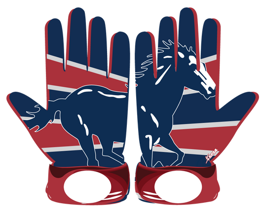 Blue and red softball gloves with horse design, leather front, Lycra back, neoprene cuff, shock-absorbent and durable stitching for enhanced performance