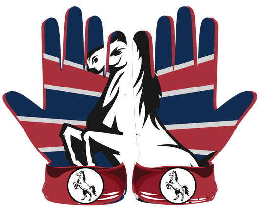White Mustang gloves with leather front, blue and red background design, neoprene cuff, and horse graphic on the wrist strap for athletic performance
