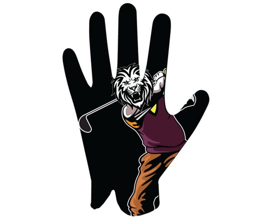Lion Golfer Glove with lion graphic, flexible polyester blend, leather front, and secure strap for grip and comfort