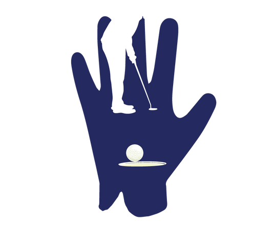 Stylish golf glove with golfer silhouette, golf ball, and hole graphic design for enhanced grip and comfort