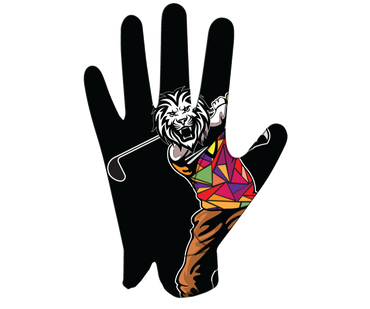 Lion Golfer Glove with colorful geometric design and lion graphic, featuring leather front and flexible polyester blend back.