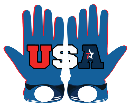 Blue batting gloves with USA letters printed, leather front and neoprene cuff design