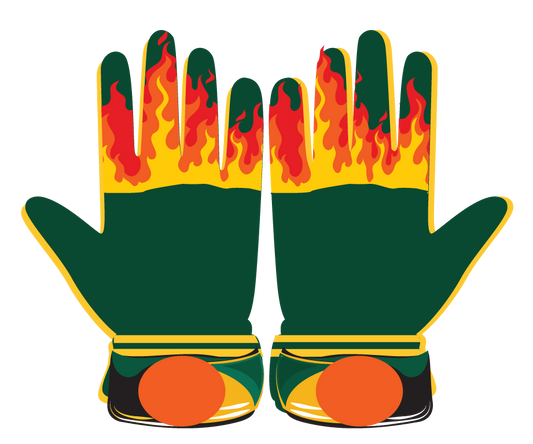 Green and yellow softball gloves with flame design and orange accents, premium fastpitch and slowpitch gear.