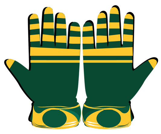 Green and Yellow Stripe Glove with leather front, flexible lycra back, neoprene cuff, and shock-absorbent reinforced stitching for durable athletic performance