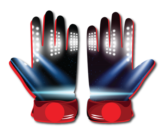Black and blue stadium lights glove with red neoprene cuffs and white LED-like patterns, designed for flexibility and durability