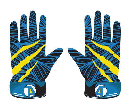 blue glove with yellow claw design and blue wrist straps for sports performance