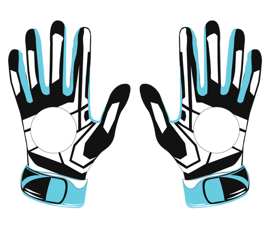 Pair of black, white, and blue robotic hand gloves with leather front, neoprene cuff, and futuristic design for gaming and performance.