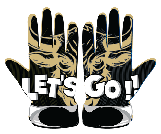 Pair of black and gold Gold Glove batting gloves with "LET'S GO!" text and deer graphic design