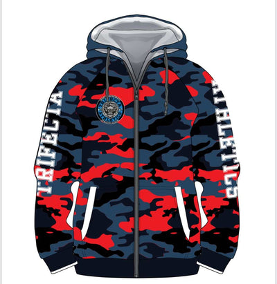 Men's Phantom Lion hoodie with red and navy polyester fleece fabric camouflage design and front zipper