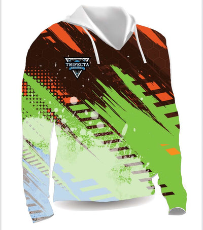 Galaxy Soco colorful polyester fleece hoodie with green, orange, and brown abstract design