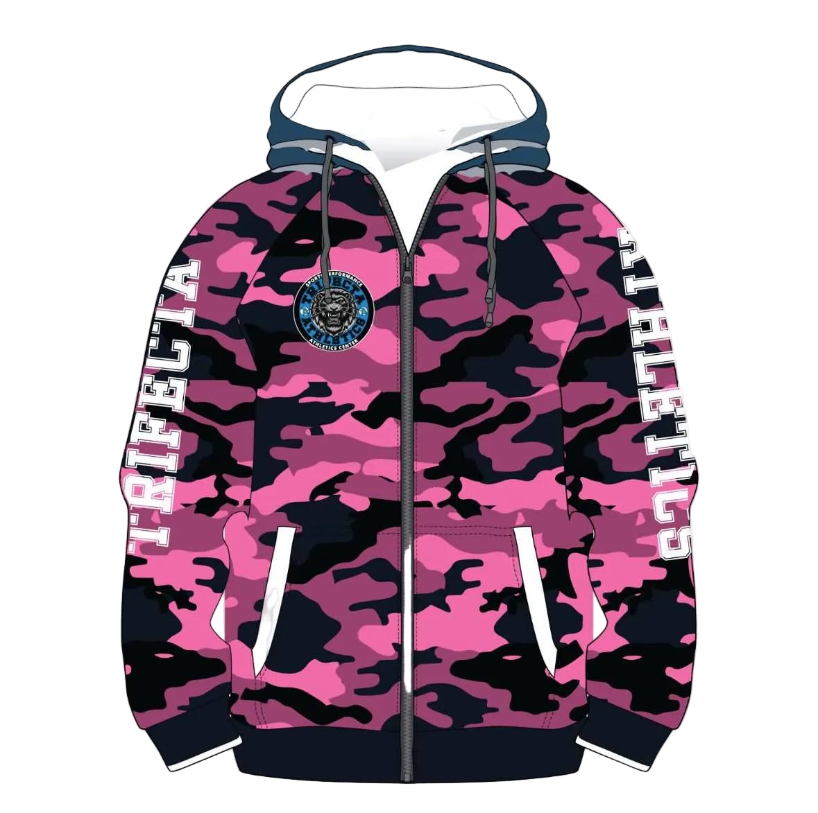 wild rose 1 camouflage polyester fleece fabric hoodie with front zipper and hood
