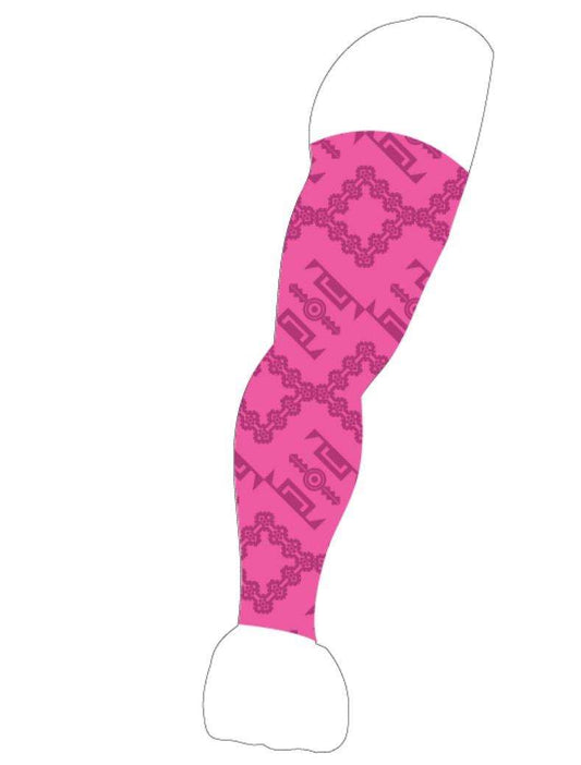 Pink sublimation arm sleeves with intricate geometric patterns for athletic and outdoor wear