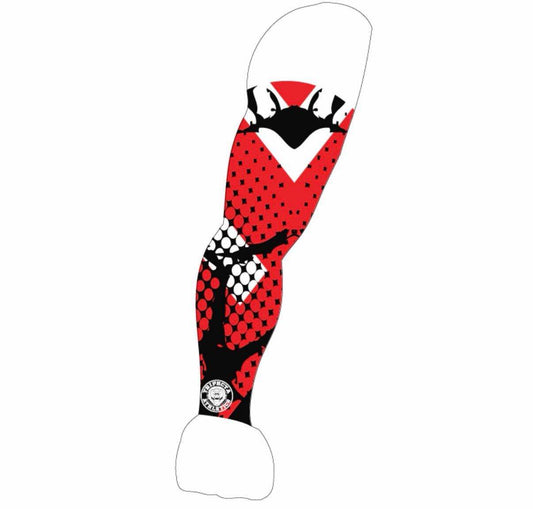 Reaper Claw sublimation arm sleeve with red, black, and white design for UV protection and moisture-wicking performance