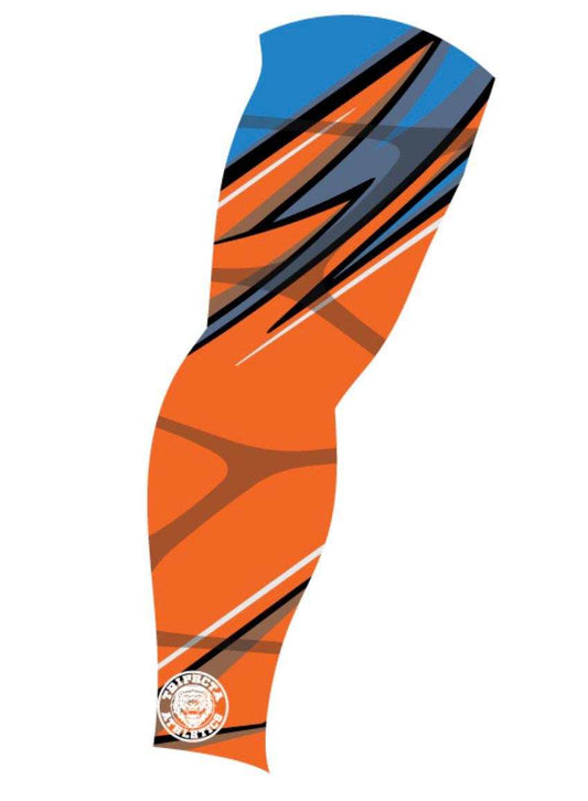 Blood Vein Blurst sublimation arm sleeve with orange, blue, and black abstract design for sports and UV protection