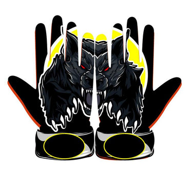 Wolfpack Batting Glove with wolf graphic, leather front, neoprene cuff, and shock-absorbent design for enhanced grip and durability