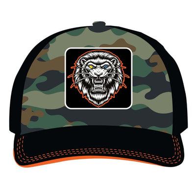 Desert eagle bullseye camo trucker hat with embroidered roaring lion patch and snapback closure
