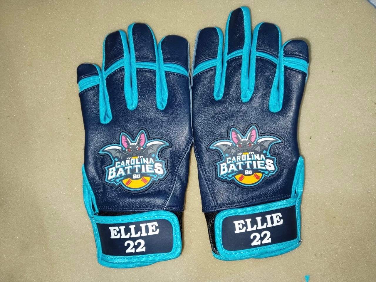 Carolina Batties custom football gloves with leather front, neoprene cuff, and sublimation back for durability and flexibility