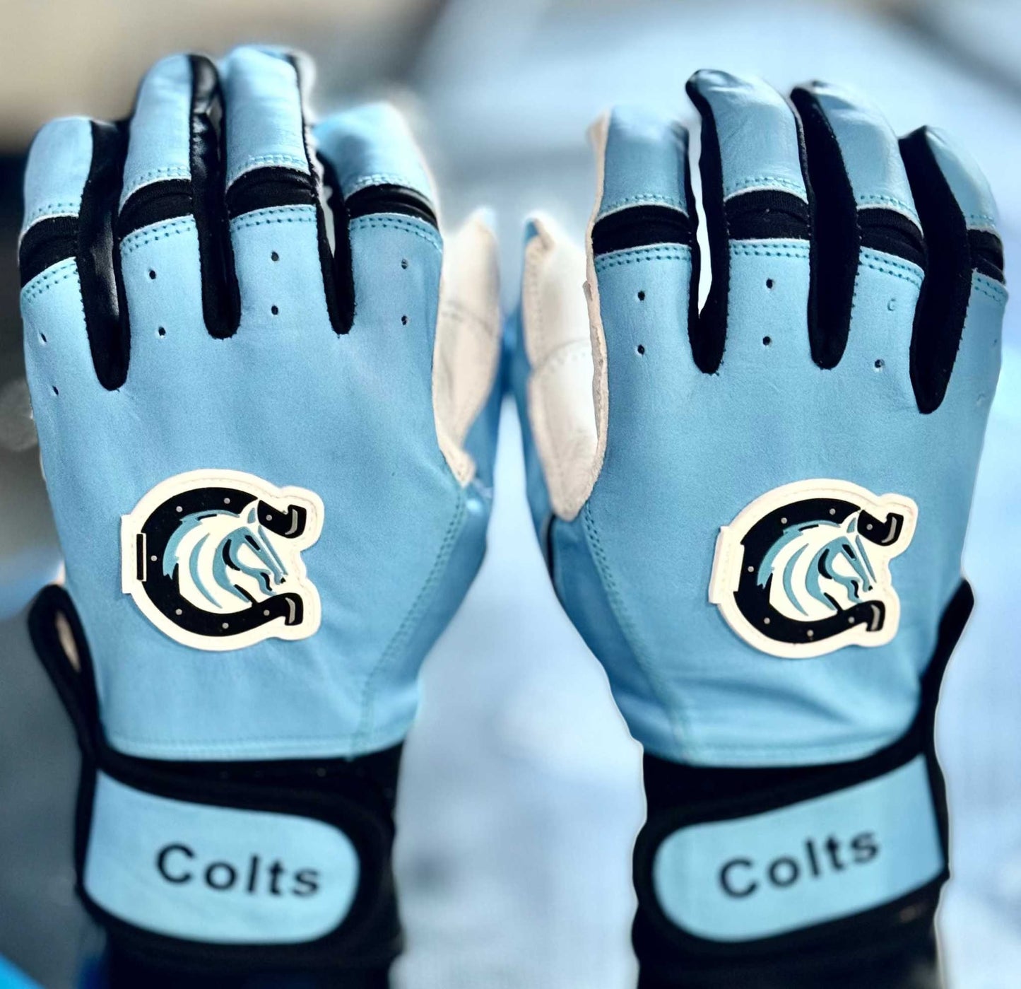 Custom baseball and softball gloves with leather front, neoprene cuff, sublimation back, and reinforced stitching for durability and comfort
