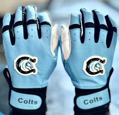 Custom baseball and softball gloves with leather front, neoprene cuff, sublimation back, and reinforced stitching for durability and comfort