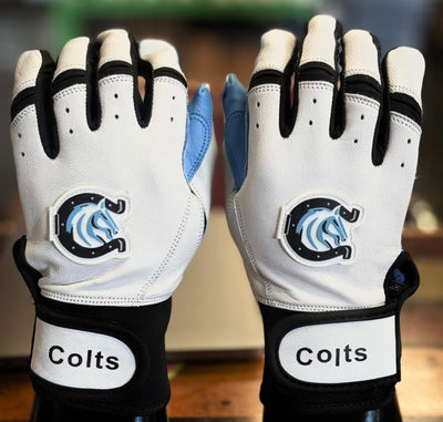 Myers Park Colts custom baseball softball glove with leather front, sublimation back, neoprene cuff, and reinforced stitching for durability and comfort
