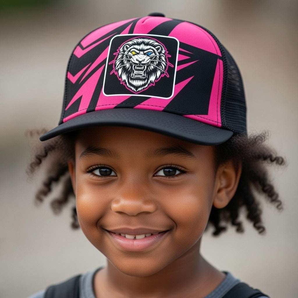 Pink Fusion six-panel trucker hat with pink cotton-polyester front and mesh back, adjustable snapback closure.