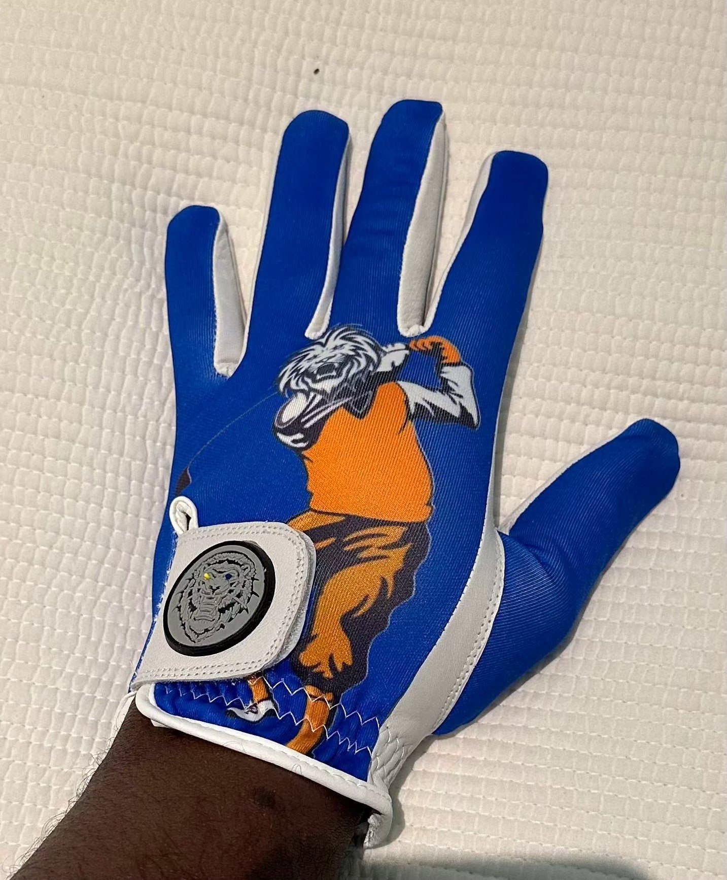 Black Lion Golfer glove with leather front, sublimation back, and secure strap for enhanced grip and style