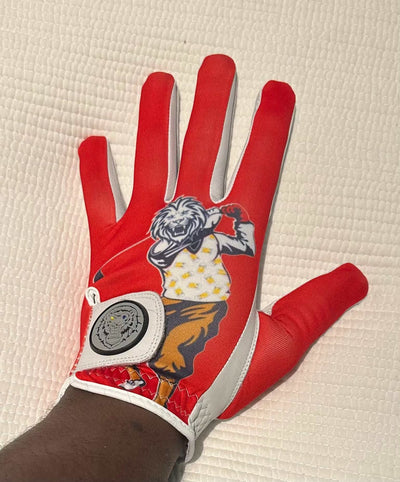 Black Lion Golfer glove with leather front, breathable polyester back, and secure velcro strap for enhanced grip and comfort