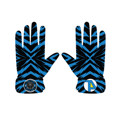 Blue and black zig zag print Leopard Gloves with padded cuffs and logo patches for athletic performance
