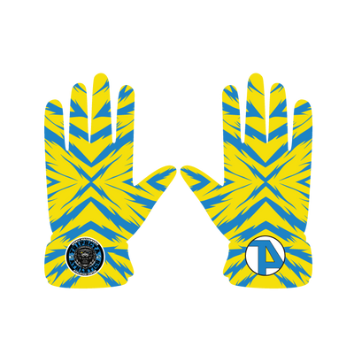Yellow and blue zigzag print Leopard Gloves with logos, designed for durability and superior performance