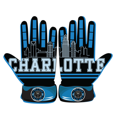 Charlotte skyline baseball glove with blue, black design and custom Trifecta Athletics logo