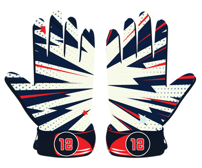 custom softball gloves with red, white, and blue starburst design and number 12 on wrist straps