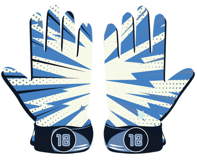 Blue glovewith dynamic white and darker blue starburst design and number 12 on neoprene cuffs