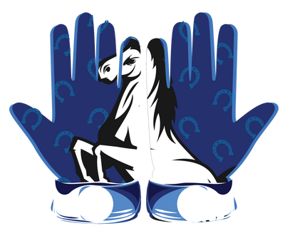 Customizable blue golf gloves for men with white horse design, durable leather front and flexible lycra back