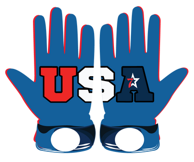 Blue batting gloves with USA letters printed, leather front and neoprene cuff design
