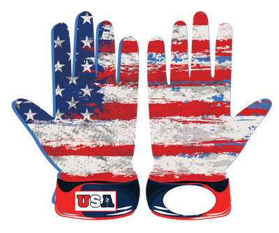 American Flag Glove Pair of American flag themed batting gloves with leather front, Lycra back, neoprene cuff, and shock-absorbent threading