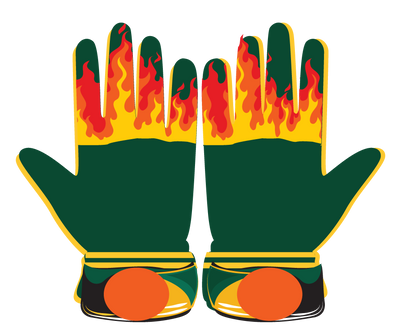Green and yellow softball gloves with flame design and orange accents, premium fastpitch and slowpitch gear.