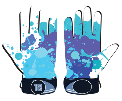 Blue Splatter Glove with leather front, spandex back, neoprene cuff, and shock-absorbent features for durable, flexible, and comfortable sports performance.