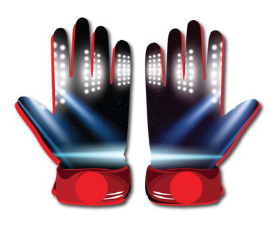 Black and blue stadium lights glove with red neoprene cuffs and white LED-like patterns, designed for flexibility and durability