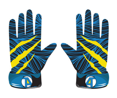 blue glove with yellow claw design and blue wrist straps for sports performance